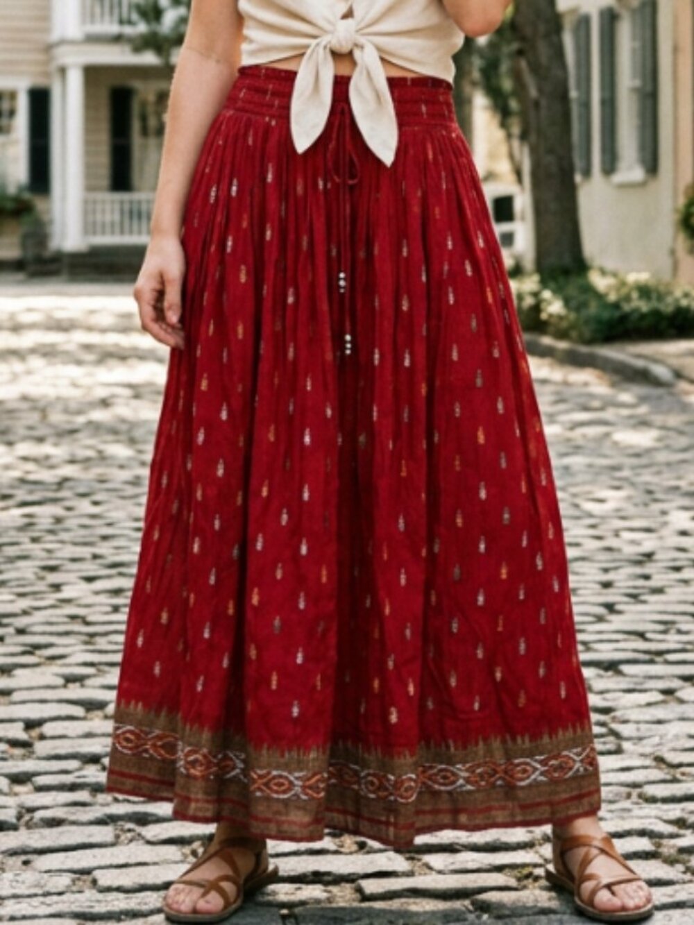 Sudha Indian Print Full Red Cotton Metallic Festival Boho Hippie Full Skirt